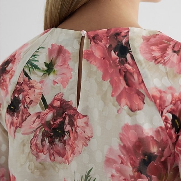 Express Pink Floral Gathered Neck Balloon Sleeve Top Clip Dot Lined Sz Large - Picture 4 of 13